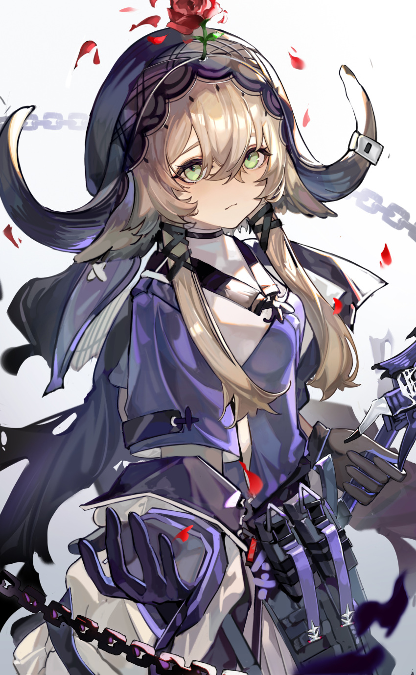 1girl absurdres animal_ears arknights brown_hair chain cow_ears cow_girl cow_horns flower flower_on_head gloves green_eyes hair_between_eyes hair_tubes highres holding holding_staff hood hood_up horns light_blush looking_at_viewer outstretched_hand pallas_(arknights) petals purple_gloves purple_shirt red_flower red_rose rose shirt short_hair_with_long_locks solo staff upper_body werlt white_background