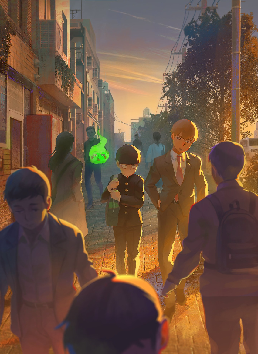 6+boys black_hair black_jacket blonde_hair bowl_cut city collared_shirt commentary_request dusk ekubo_(mob_psycho_100) ghost grey_jacket grey_shirt highres jacket kageyama_shigeo meipu_hm mob_psycho_100 multiple_boys necktie outdoors pink_neckwear reigen_arataka shirt short_hair smile tree walking