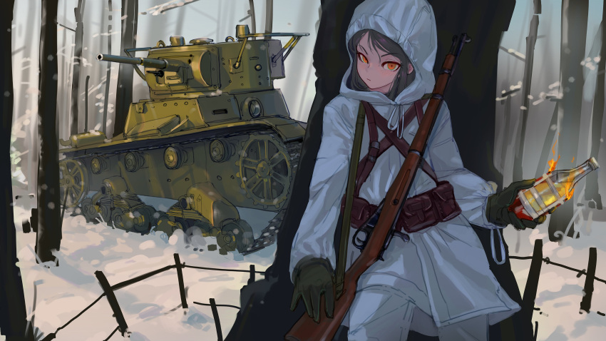 1girl absurdres bare_tree black_gloves bolt_action bottle brown_hair commission english_commentary forest gloves ground_vehicle gun head_tilt highres holding holding_bottle hood hood_up jacket looking_at_viewer military military_vehicle molotov_cocktail mosin-nagant motor_vehicle nature orange_eyes original polilla rifle snow solo t-26 tank tank_focus tree v-shaped_eyebrows vehicle_focus vehicle_request weapon weapon_request white_jacket