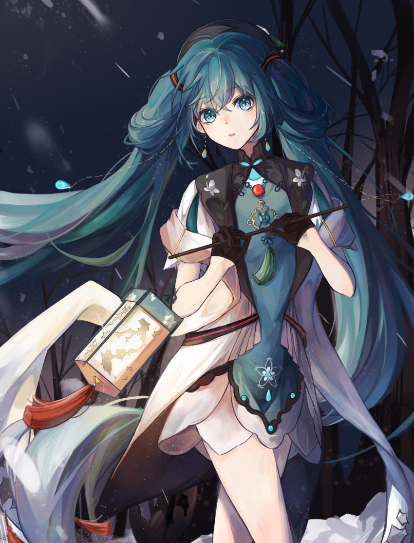 1girl absurdres alternate_hairstyle aqua_eyes aqua_hair dress gloves hair_rings hands_up hatsune_miku highres holding holding_lantern lan_su lantern long_hair miku_with_you_(vocaloid) outdoors parted_lips short_sleeves snowing solo twintails vocaloid