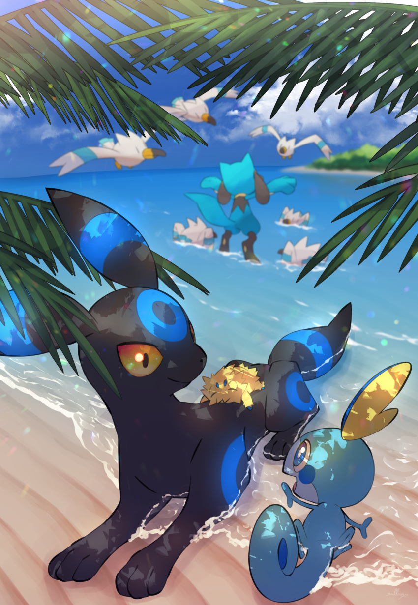 absurdres bird clouds commentary day highres joltik no_humans nullma outdoors pokemon pokemon_(creature) riolu sand shore sky sobble standing umbreon wading water wingull