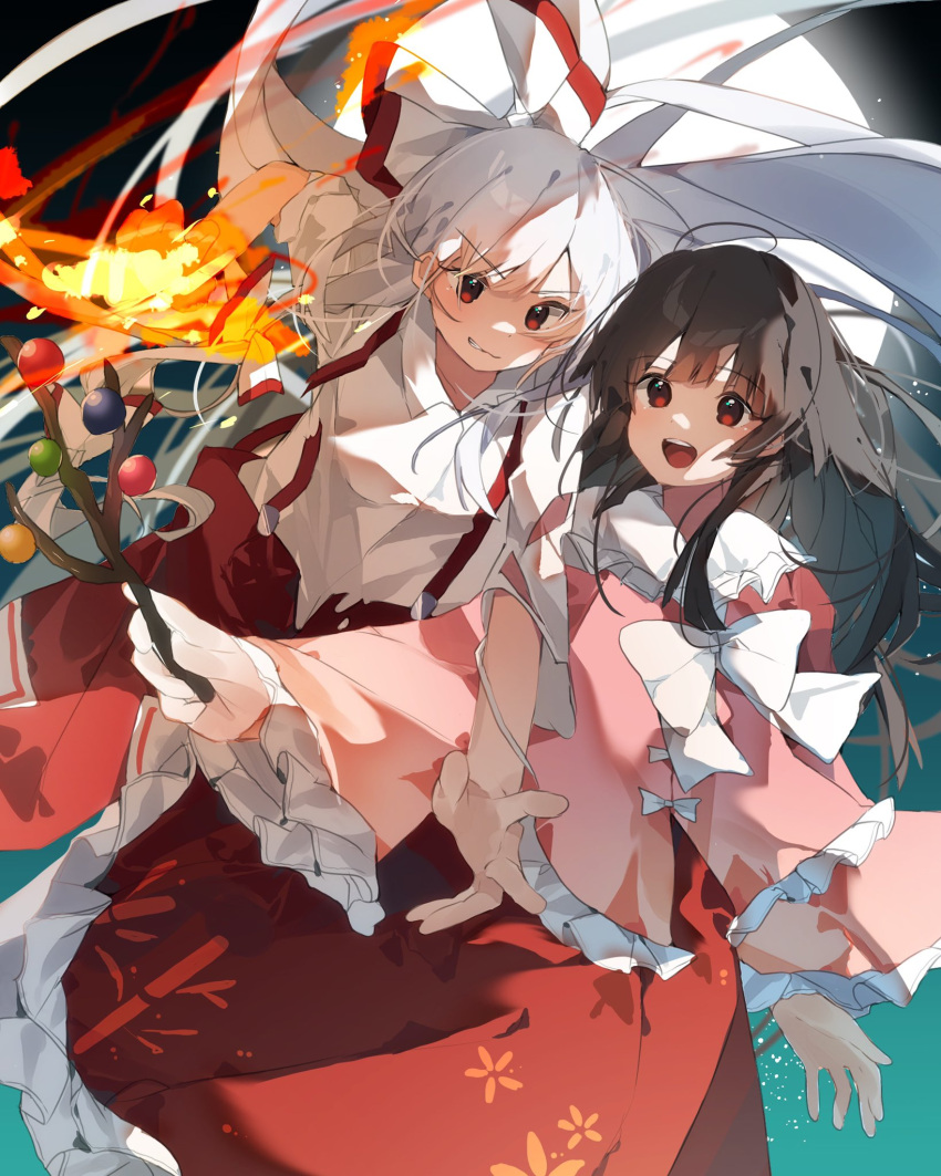 2girls arm_up bangs black_hair black_sky blouse blue_sky bow bowtie breasts closed_mouth collar collared_blouse collared_shirt eyebrows_visible_through_hair fire floral_print flower flying frilled_sleeves frills fujiwara_no_mokou gominami gradient gradient_sky hair_between_eyes hair_bow hand_up highres houraisan_kaguya light long_hair long_sleeves looking_at_viewer medium_breasts moon multiple_girls night night_sky open_mouth orange_flower pants pink_blouse red_bow red_eyes red_pants red_skirt shadow shirt short_sleeves silver_hair skirt sky smile teeth tongue touhou treasure two-tone_bow white_bow white_neckwear white_shirt wide_sleeves