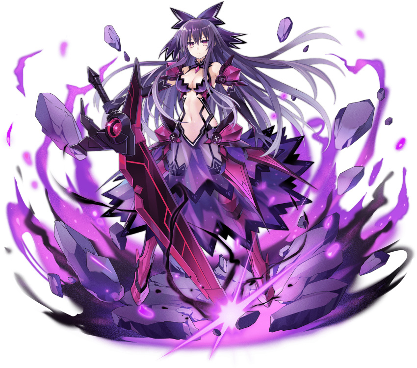 1girl ark_order armor armored_boots artist_request bangs black_legwear black_panties boots bow bra breasts date_a_live elbow_gloves flower full_body garter_straps gloves hair_bow high_ponytail highres holding holding_sword holding_weapon long_hair magic navel official_art panties pauldrons pink_flower purple_bow purple_bra purple_gloves purple_hair purple_skirt rock see-through_skirt shoulder_armor sidelocks skirt solo sword tachi-e thigh-highs transparent_background underwear very_long_hair violet_eyes weapon yatogami_tooka
