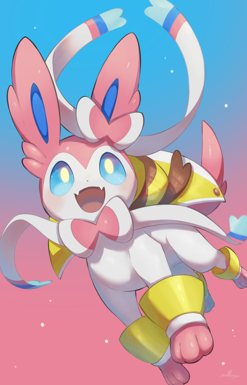 :d absurdres blue_eyes bow commentary fangs gradient gradient_background happy highres no_humans nullma open_mouth pokemon pokemon_(creature) pokemon_(game) pokemon_unite shiny smile solo sylveon toes tongue