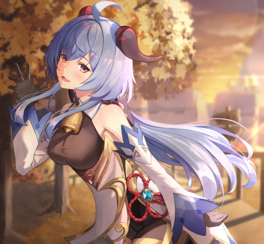 ahoge autumn bangs bare_shoulders bekkuro bell black_gloves black_legwear blue_hair blush bodystocking bow bowtie breasts chinese_knot covered_nipples curled_horns detached_sleeves eyebrows_visible_through_hair flower_knot ganyu_(genshin_impact) genshin_impact gloves gold_trim highres horns leotard leotard_under_clothes long_hair looking_at_viewer low_ponytail medium_breasts neck_bell outdoors sidelocks smile smug sunset thighlet violet_eyes vision_(genshin_impact) waving white_sleeves wide_sleeves