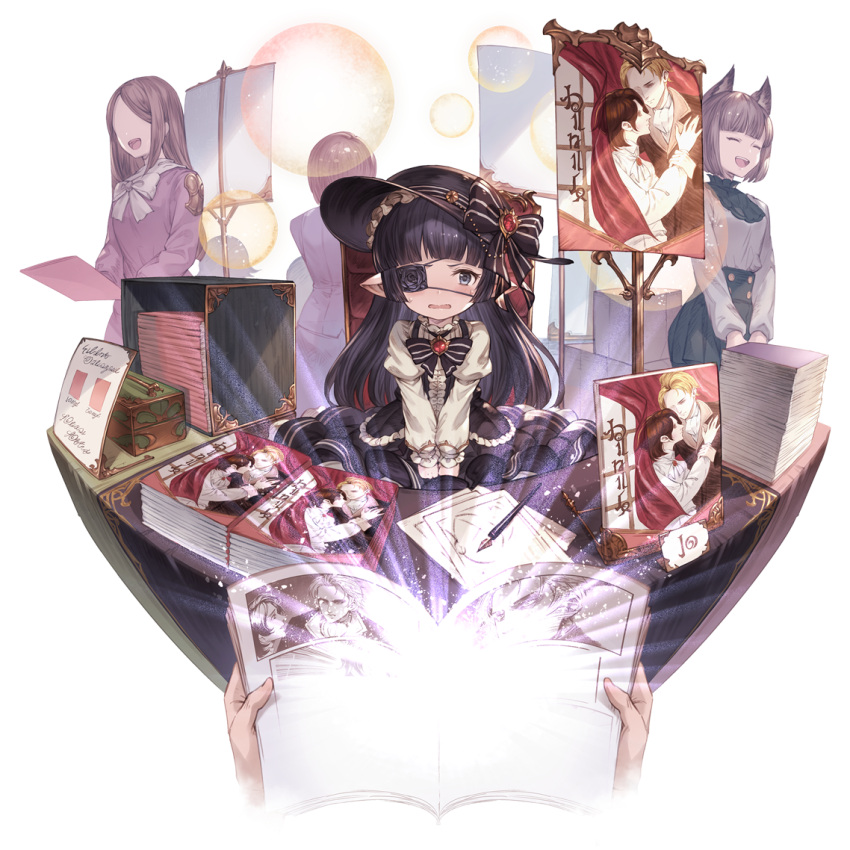 4girls bangs black_dress black_hair blue_eyes blunt_bangs blush bow box brown_hair dress erune eyebrows_visible_through_hair eyepatch faceless faceless_female frills gothic_lolita granblue_fantasy harvin hat hat_bow jewelry lolita_fashion long_hair long_sleeves looking_at_viewer lunalu_(granblue_fantasy) manga_(object) multiple_girls nervous_smile official_art open_mouth pen pendant pointy_ears reading sitting sketchbook smile transparent_background white_background