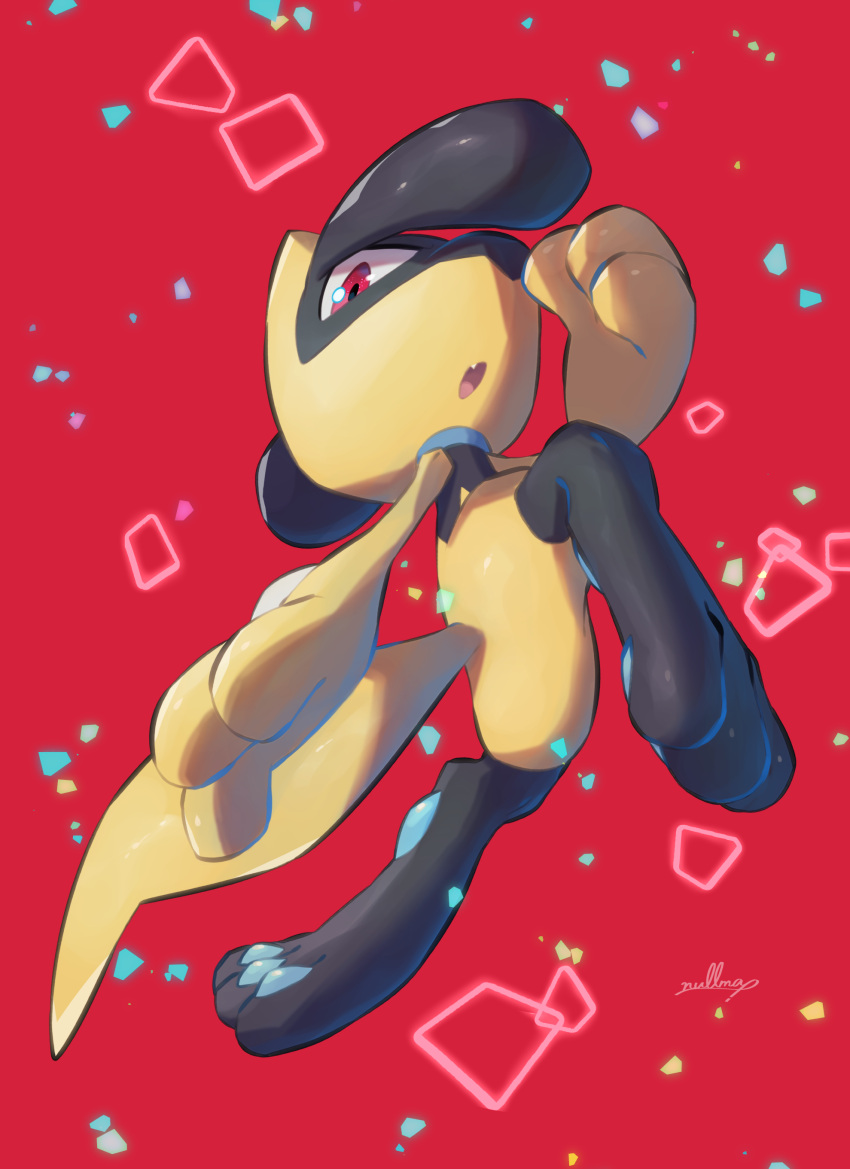 :o absurdres alternate_color commentary creature fang full_body highres looking_at_viewer no_humans nullma open_mouth pokemon pokemon_(creature) red_background red_eyes riolu shiny_pokemon signature solo toes tongue