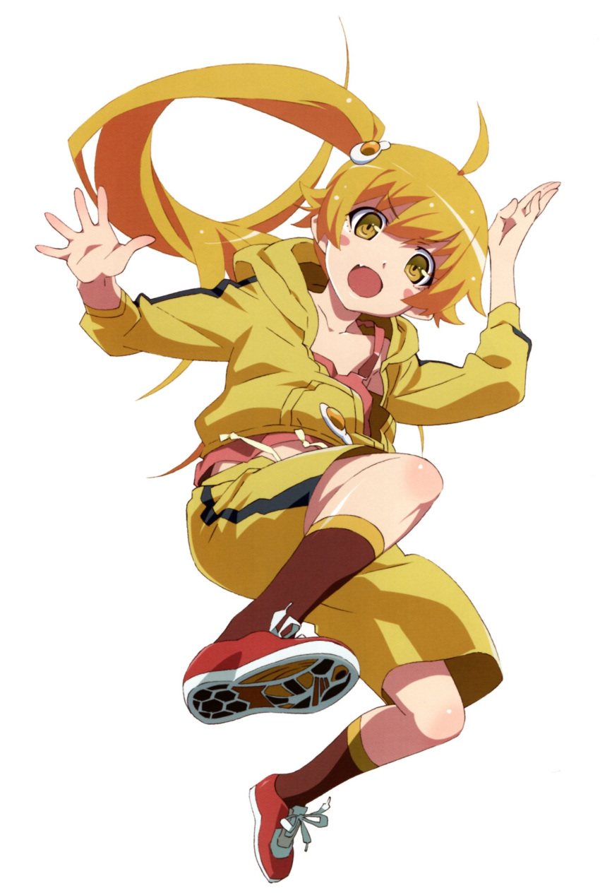 1gril absurdres ahoge araragi_karen araragi_karen_(cosplay) bangs black_stripes blonde_hair blush_stickers brown_legwear camisole collarbone cosplay egg_hair_ornament food-themed_hair_ornament fried_egg from_below full_body hair_ornament highres jacket jumping long_hair looking_at_viewer looking_down midriff_peek monogatari_(series) official_art oshino_shinobu outstretched_arms pink_camisole red_footwear scan shoes shorts side_ponytail simple_background socks solo track_jacket track_suit very_long_hair watanabe_akio white_background yellow_eyes yellow_jacket yellow_shorts