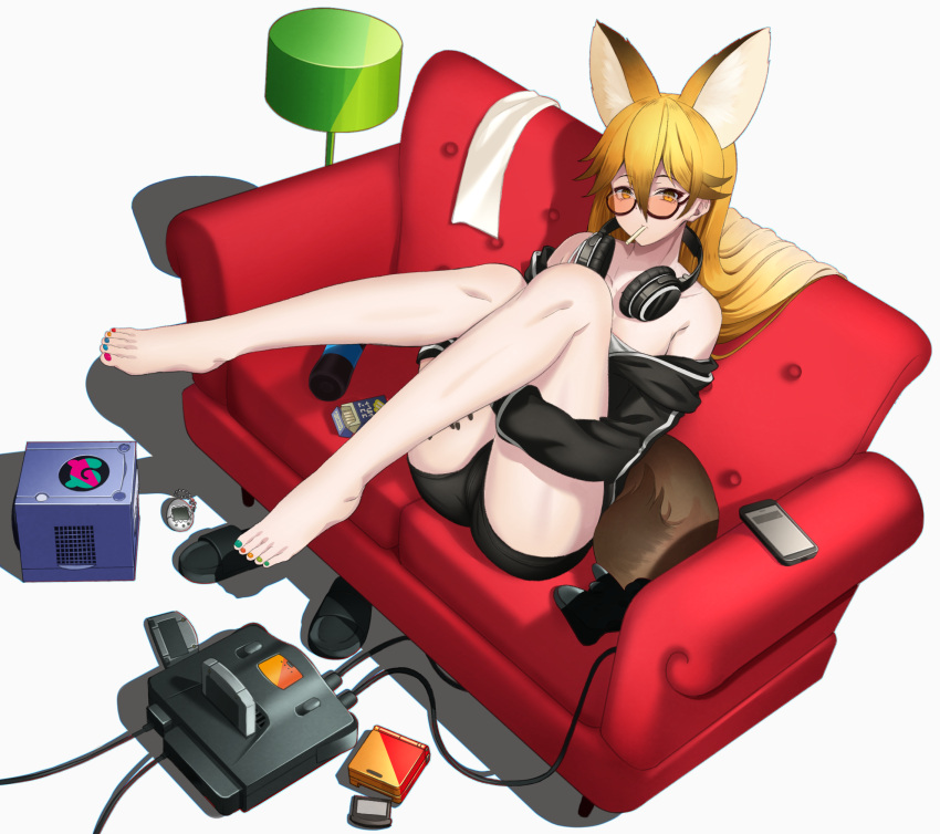 1girl animal_ear_fluff animal_ears bangs bare_legs bare_shoulders barefoot black_shorts blonde_hair cellphone couch deku_suke ezo_red_fox_(kemono_friends) feet flip-flops fox_ears fox_girl fox_tail full_body game_cartridge game_console glasses hair_between_eyes headphones headphones_around_neck highres hugging_own_legs japari_symbol kemono_friends long_hair long_sleeves looking_at_viewer mouth_hold multicolored_nails nail_polish off_shoulder orange_eyes phone sandals semi-rimless_eyewear short_shorts shorts simple_background sitting smartphone solo tail tamagotchi toenail_polish toenails toes under-rim_eyewear white_background