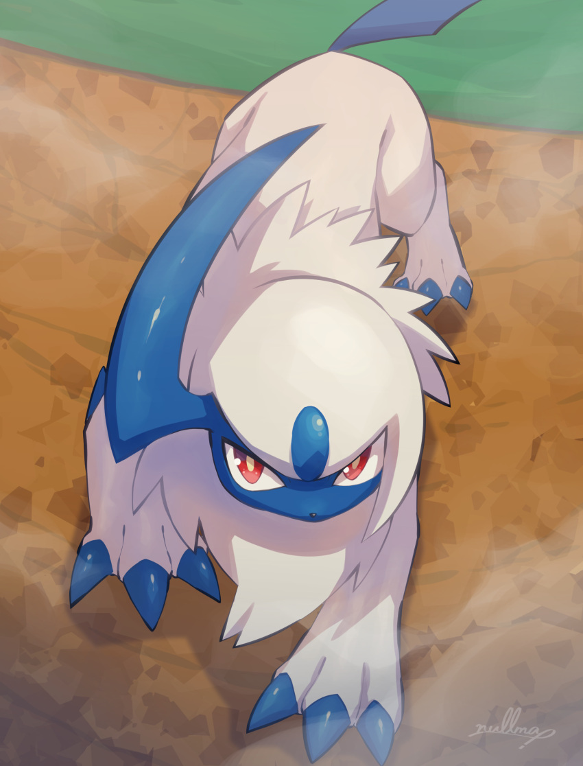 absol bright_pupils claws commentary from_above highres looking_up no_humans nullma pokemon pokemon_(creature) red_eyes shiny signature standing white_fur