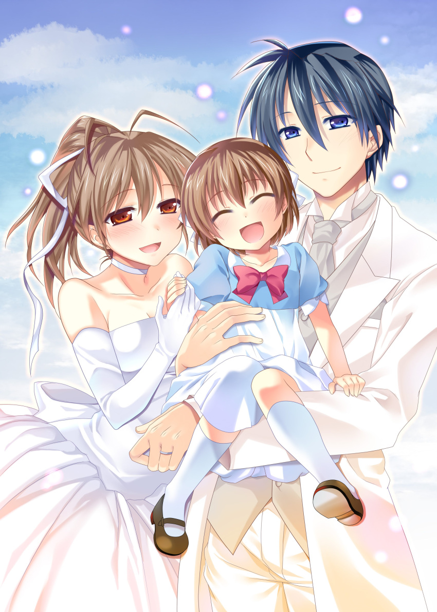 1boy 2girls absurdres bare_shoulders blue_eyes blue_hair blue_sky brown_eyes brown_hair child clannad closed_eyes clouds commentary_request cowboy_shot dress elbow_gloves family father_and_daughter formal furukawa_nagisa gloves happy_birthday highres husband_and_wife jacket kneehighs komoda mother_and_daughter multiple_girls necktie okazaki_tomoya okazaki_ushio ponytail short_hair sky strapless strapless_dress suit white_dress white_gloves white_jacket white_neckwear