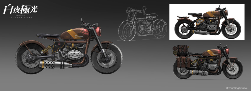 absurdres alchemy_stars character_name company_name concept_art copyright copyright_name english_commentary gradient gradient_background grey_background ground_vehicle highres hiiro_(alchemy_stars) motor_vehicle motorcycle negasw no_humans sketch vehicle_focus