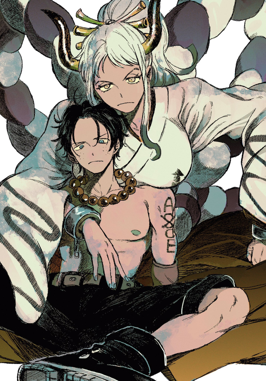 1boy 1girl areolae arm_around_neck arm_tattoo bead_necklace beads behind_another black_hair blue_eyes boots breasts breasts_on_shoulders chain closed_mouth cuffs curled_horns fingernails freckles green_hair hair_ornament hair_stick hakama height_difference high_ponytail highres horns huge_breasts japanese_clothes jewelry kimono leaning_back leaning_forward long_hair long_sleeves looking_at_viewer makenevemoiine multicolored_hair multicolored_horns muted_color necklace one_piece oni pectorals portgas_d._ace red_horns rope serious shackles shimenawa short_hair shorts simple_background sitting sitting_on_lap sitting_on_person tall_female tattoo toned toned_male topless_male very_long_hair white_hair wide_sleeves yamato_(one_piece) yellow_eyes yellow_horns