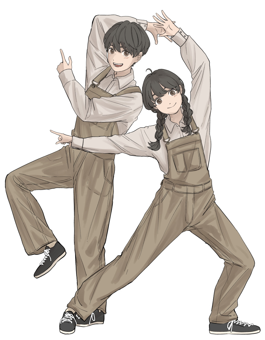 1boy 1girl absurdres artist_request black_footwear black_hair brown_eyes brown_overalls eyebrows_behind_hair hair_between_eyes highres long_sleeves looking_at_viewer open_mouth original overalls pointing pose shirt simple_background smile white_background