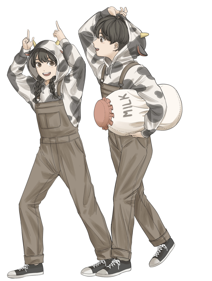 1boy 1girl absurdres animal_print artist_request black_footwear black_hair brown_eyes brown_overalls cow_print eyebrows_behind_hair hair_between_eyes highres hood hoodie long_sleeves looking_at_viewer open_mouth original overalls pointing simple_background