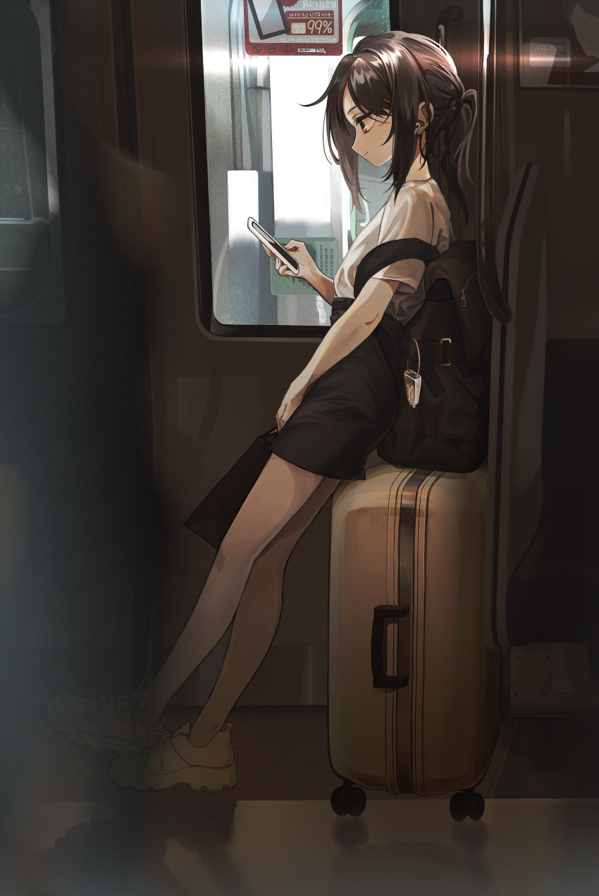 1girl absurdres amanai_daisy backpack bag belt black_bag black_belt black_hair black_skirt cellphone commentary_request earphones earphones high-waist_skirt highres holding holding_bag holding_phone leaning_back looking_at_phone luggage medium_hair original phone ponytail profile shirt shoes short_ponytail short_sleeves skirt smartphone smile sneakers solo standing train_interior white_footwear white_shirt window wireless_earphones