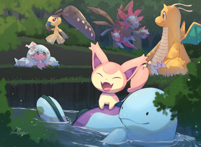 :d bush cat claws closed_eyes closed_mouth commentary day dragonite fangs floating hattrem highres holding hydreigon looking_back mawile no_humans nullma open_mouth outdoors pokemon pokemon_(creature) quagsire red_eyes riding riding_pokemon ripples signature sitting skitty smile solid_oval_eyes tongue water