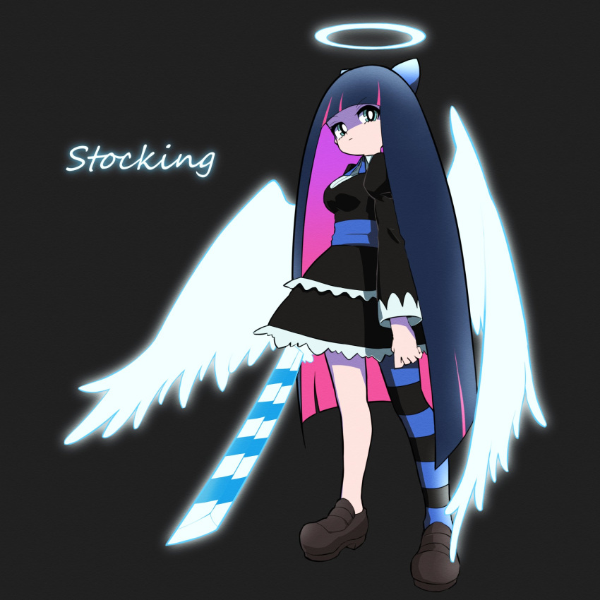 1girl angel_wings aqua_eyes bangs black_hair black_legwear blue_legwear blunt_bangs breasts brown_footwear character_name full_body halo highres holding holding_sword holding_weapon large_breasts long_hair looking_at_viewer multicolored_hair panty_&amp;_stocking_with_garterbelt pink_hair single_leg_pantyhose solo stocking_(psg) striped striped_legwear sword very_long_hair weapon wings yachima_tana