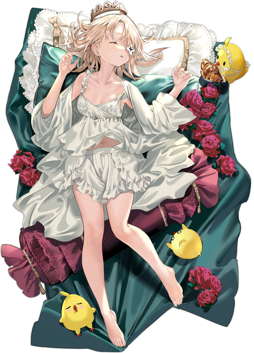 1girl azur_lane bed_sheet bird blonde_hair camisole chick closed_eyes collarbone croissant crown eyepatch food highres le_terrible_(azur_lane) le_terrible_(sunlight_seaspray_and_sanctity)_(azur_lane) lying manjuu_(azur_lane) midriff_peek navel official_alternate_costume official_art on_back pillow short_hair sleeping sleepwear smile solo transparent_background white_camisole xiao_chichi