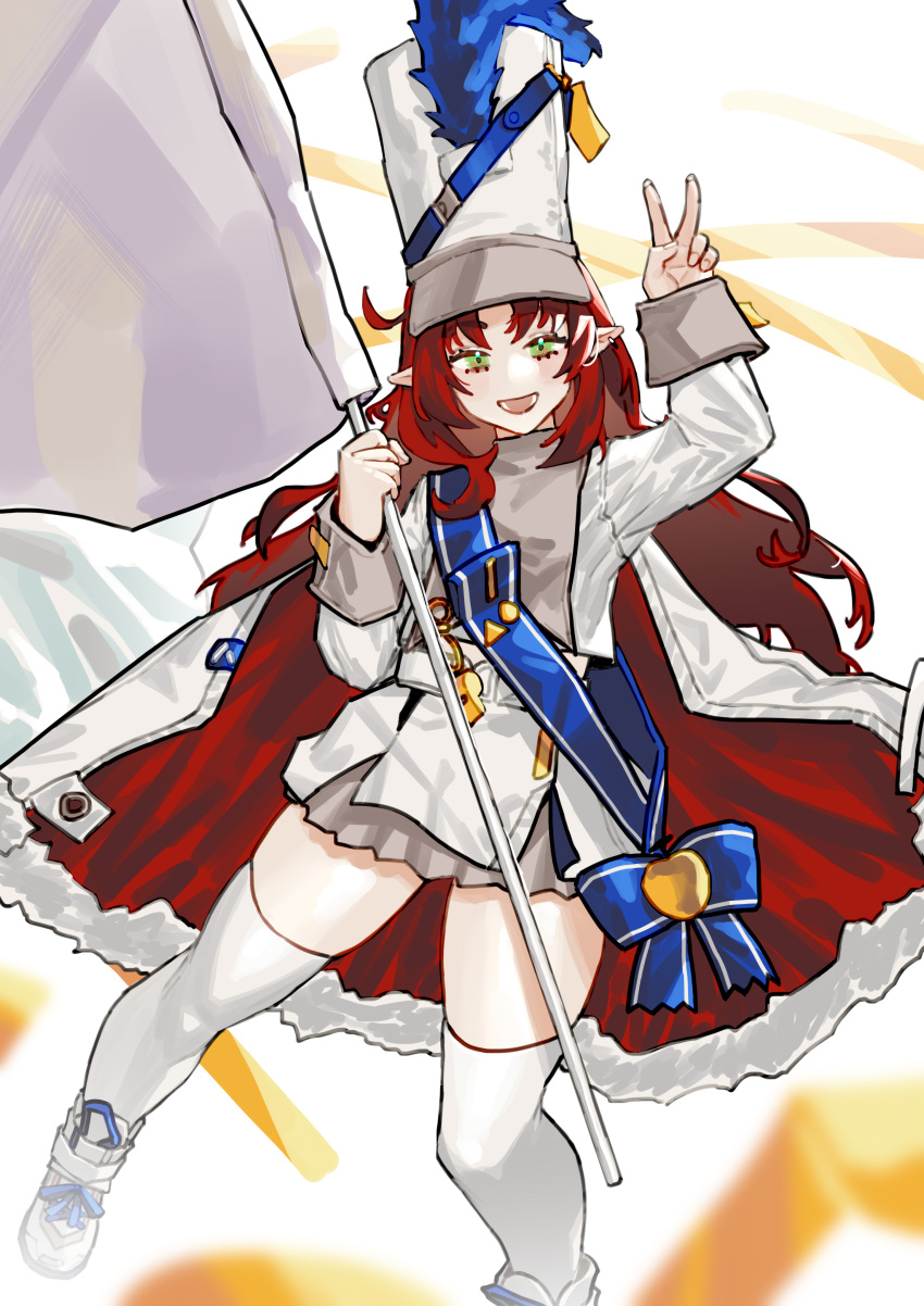 1girl absurdres arknights belt blue_sash blurry blurry_foreground cape commentary_request ear_piercing flag green_eyes grey_skirt hand_up hat highres holding holding_flag jacket long_hair long_sleeves looking_at_viewer myrtle_(arknights) myrtle_(light_gold_celebration)_(arknights) official_alternate_costume open_mouth piercing pointy_ears red_cape redhead renxzd sash shako_cap skirt smile solo thigh-highs two-sided_cape two-sided_fabric v white_background white_cape white_flag white_footwear white_headwear white_jacket white_legwear