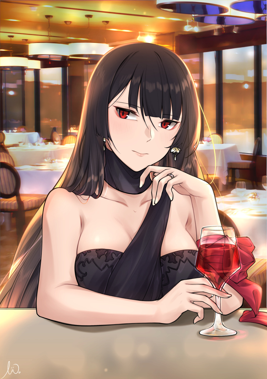 1girl absurdres alternate_costume alternate_hairstyle black_hair breasts chair cup drinking_glass earrings girls_frontline hair_down highres jewelry large_breasts long_hair red_eyes restaurant ring solo stigmamyu table wa2000_(girls'_frontline) wedding_band