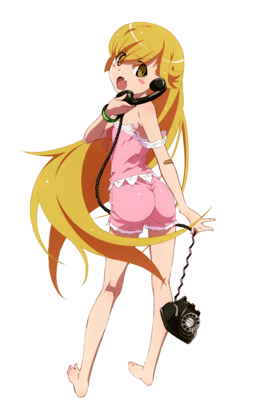 1gril :o absurdres ass bandaid bangs bare_shoulders barefoot blonde_hair blush_stickers bow bracelet camisole corded_phone cosplay fang full_body furrowed_brow green_bracelet hair_between_eyes highres holding holding_phone jewelry long_hair looking_at_viewer looking_back monogatari_(series) off_shoulder official_art open_mouth oshino_shinobu pajamas phone pink_camisole pink_pajamas pink_ribbon pink_shorts ribbon rotary_phone scan sengoku_nadeko sengoku_nadeko_(cosplay) shorts simple_background solo standing strap_slip talking very_long_hair watanabe_akio white_background yellow_eyes