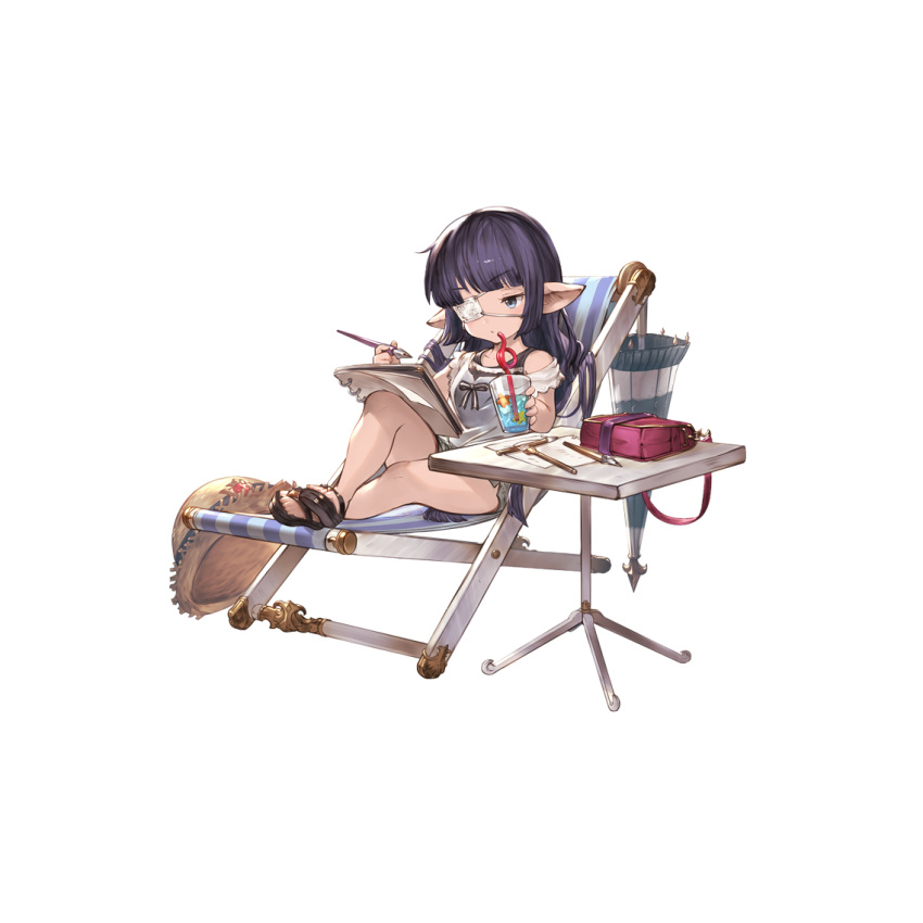 1girl bag bangs beach_chair black_hair blue_eyes blunt_bangs drinking eyepatch granblue_fantasy handbag harvin hat hat_removed headwear_removed long_hair lunalu_(granblue_fantasy) official_art pen pointy_ears sandals simple_background sitting sketchbook swimsuit transparent_background