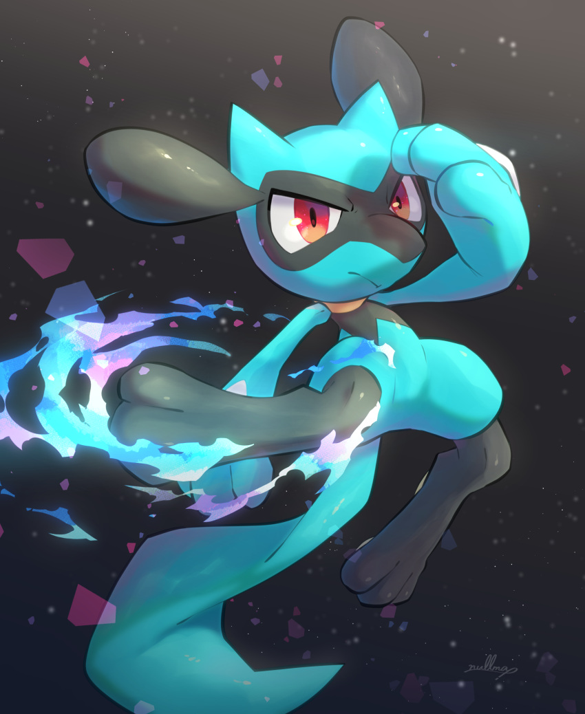closed_mouth commentary energy furrowed_brow hand_up highres legs_apart no_humans nullma pokemon pokemon_(creature) red_eyes riolu shiny solo toes
