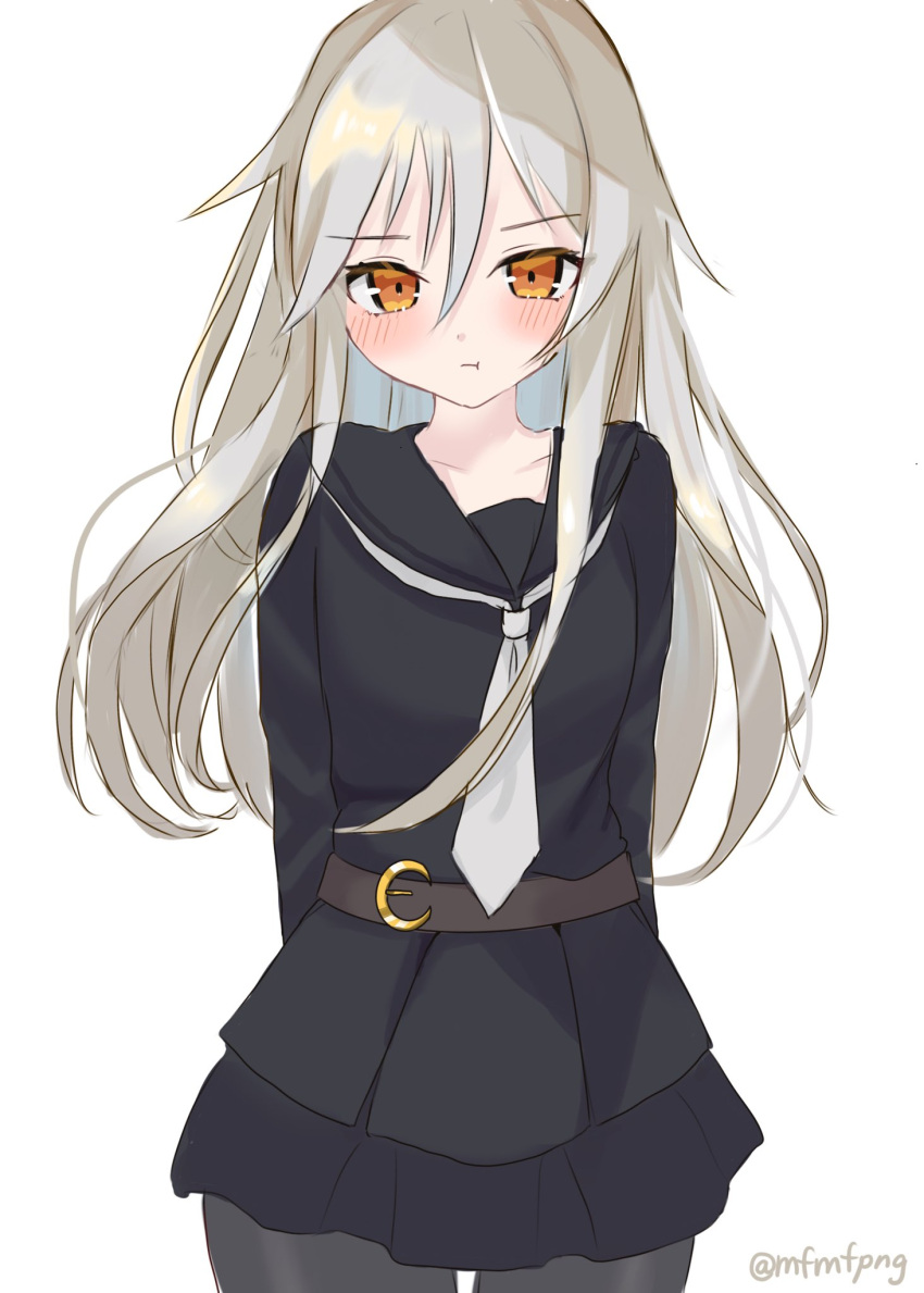 1girl :t arms_behind_back bangs black_legwear black_sailor_collar black_serafuku black_skirt blush crescent eyebrows_visible_through_hair hair_between_eyes highres kantai_collection kikuzuki_(kancolle) long_hair looking_at_viewer neckerchief one-hour_drawing_challenge orange_eyes pantyhose pout sailor_collar school_uniform serafuku simple_background skirt solo twitter_username white_background white_hair white_neckwear yoshino_(mfmfpng)