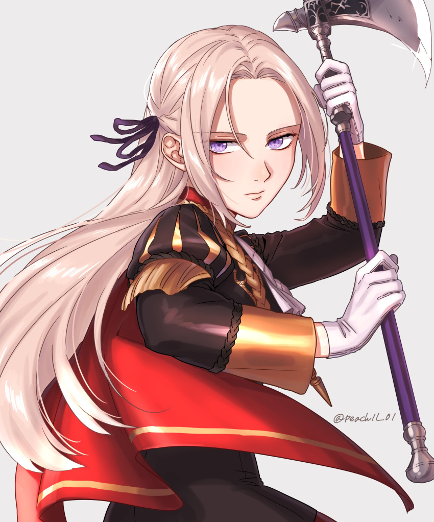 1girl absurdres artist_name axe commentary_request edelgard_von_hresvelg eyebrows_visible_through_hair fire_emblem fire_emblem:_three_houses garreg_mach_monastery_uniform gloves grey_background hair_between_eyes highres holding holding_axe long_hair long_sleeves looking_at_viewer peach11_01 simple_background solo twitter_username upper_body violet_eyes watermark