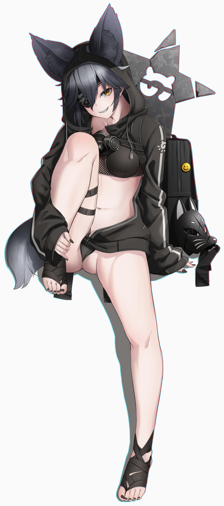 1girl absurdres animal_ear_fluff animal_ears ass backpack bag bangs black_jacket black_panties breasts chromatic_aberration deku_suke drawstring ears_through_headwear eyepatch fishnets fox_ears fox_mask full_body gas_mask grey_hair hair_between_eyes highres hood hood_up hooded_jacket jacket japari_symbol kemono_friends long_sleeves looking_at_viewer mask mask_removed medium_breasts nail_polish navel open_clothes open_jacket orange_eyes panties parted_lips silver_fox_(kemono_friends) sleeves_past_wrists smirk solo star_(symbol) thigh_strap toenail_polish toenails underwear