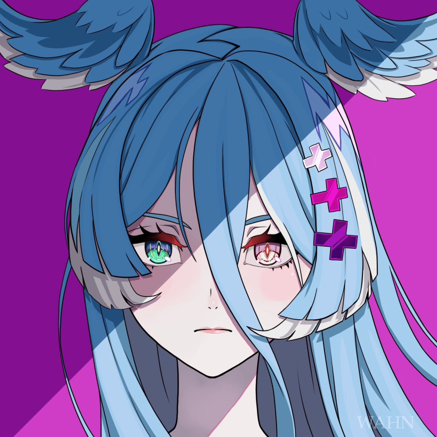 1girl absurdres alternate_hairstyle artist_name bangs blue_hair elira_pendora english_commentary green_eyes hair_between_eyes head_wings heterochromia highres long_hair multicolored_hair nijisanji nijisanji_en pink_eyes portrait purple_background solo streaked_hair virtual_youtuber wahn watermark white_hair