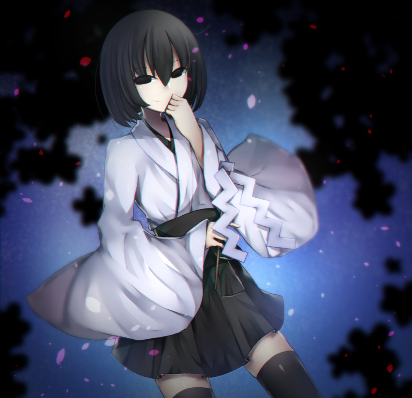 1girl absurdres bangs black_eyes black_hair black_legwear black_sash black_skirt blue_background blurry blurry_background bob_cut breasts closed_mouth commentary covering_mouth empty_eyes foliage furisode gohei hair_between_eyes hair_strand hand_to_own_mouth highres japanese_clothes kimono long_sleeves looking_at_viewer miko monogatari_(series) night nontraditional_miko obi oshino_ougi petals sash short_hair short_kimono skindentation skirt small_breasts smile solo t33h8703 thigh-highs white_kimono wide_sleeves zettai_ryouiki
