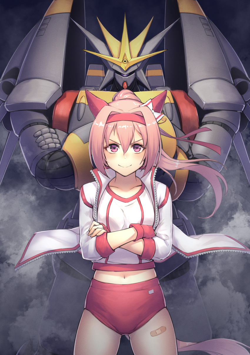 1girl animal_ears bandaid bandaid_on_leg bangs buruma collarbone commission crossed_arms crossover fingerless_gloves floating_clothes floating_hair gloves gunbuster gunbuster_pose haru_urara_(umamusume) headband highres horse_ears horse_girl horse_tail itaco jacket mecha navel one-eyed pink_hair ponytail red_buruma red_gloves red_headband science_fiction skeb_commission super_robot tail top_wo_nerae! umamusume violet_eyes white_jacket