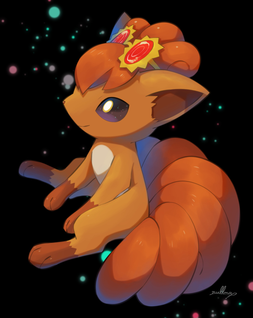 absurdres black_background choice_specs closed_mouth commentary full_body highres no_humans nullma pokemon pokemon_(creature) signature smile solo toes vulpix