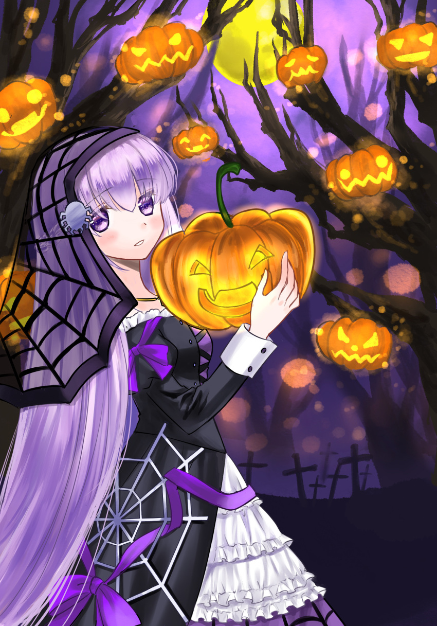 1girl 74 absurdly_long_hair alternate_costume black_dress bright_pupils bug commission dress fire_emblem fire_emblem:_the_binding_blade fire_emblem_heroes food halloween halloween_costume happy_halloween highres holding holding_food holding_pumpkin holding_vegetable jack-o'-lantern lolita_fashion long_hair long_sleeves looking_at_viewer official_alternate_costume pumpkin purple_hair smile sophia_(fire_emblem) spider vegetable veil very_long_hair violet_eyes