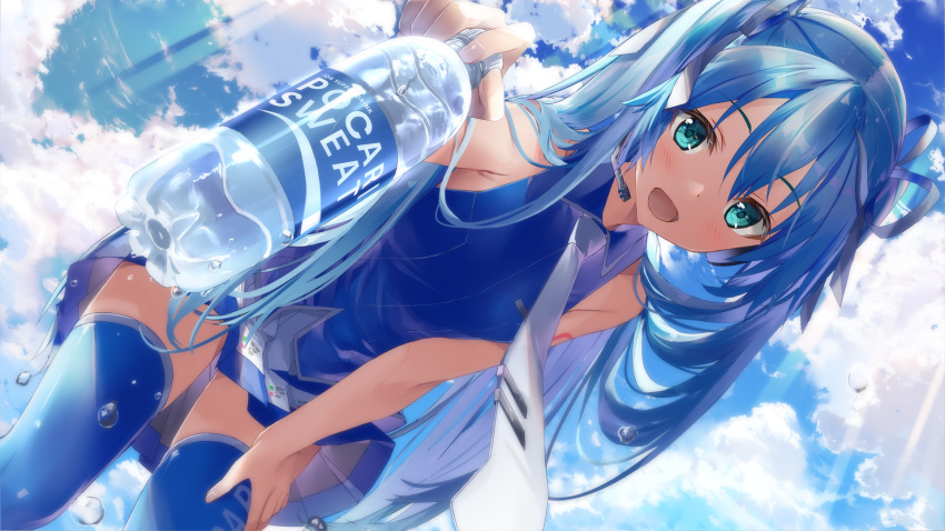 1girl :d alternate_costume aqua_hair bangs blue_hair blue_legwear blue_sky bottle clouds daidou_(demitasse) hand_on_lap hatsune_miku headset highres holding holding_bottle light_rays long_hair looking_at_viewer necktie open_mouth outdoors plastic_bottle sky sleeveless smile solo thigh-highs twintails vocaloid water_bottle white_neckwear