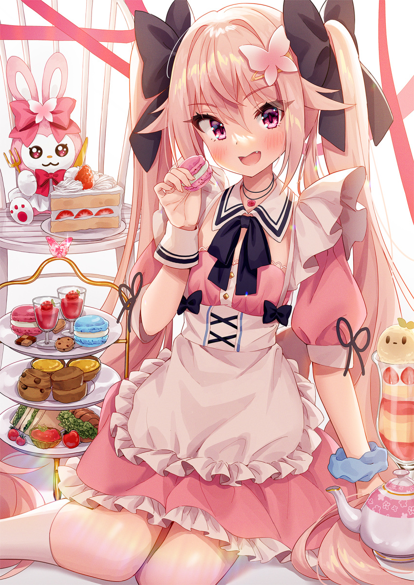 1girl apron bangs black_bow blonde_hair blue_scrunchie bow butterfly_hair_ornament checkerboard_cookie chobi_(penguin_paradise) commentary_request cookie dress eyebrows_visible_through_hair fang food fork frilled_apron frills hair_between_eyes hair_bow hair_ornament hairclip highres holding holding_food kneehighs knife long_hair macaron original parfait pink_dress puffy_short_sleeves puffy_sleeves red_bow scrunchie short_sleeves single_wrist_cuff solo stuffed_animal stuffed_bunny stuffed_toy teapot tiered_tray twintails very_long_hair violet_eyes waist_apron white_apron white_legwear wrist_cuffs wrist_scrunchie