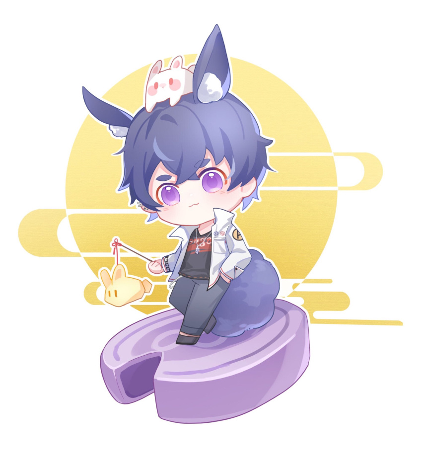 1boy :3 animal_ears bangs black_shirt blue_hair blue_pants chibi closed_mouth full_moon hand_in_pocket highres holding holding_lantern jacket jewelry lantern looking_at_viewer marius_von_hagen_(tears_of_themis) moon necklace open_clothes open_jacket pants rabbit rabbit_boy rabbit_ears rabbit_tail shirt short_hair smile solo tail tears_of_themis violet_eyes white_background white_jacket xinsuimangguoren