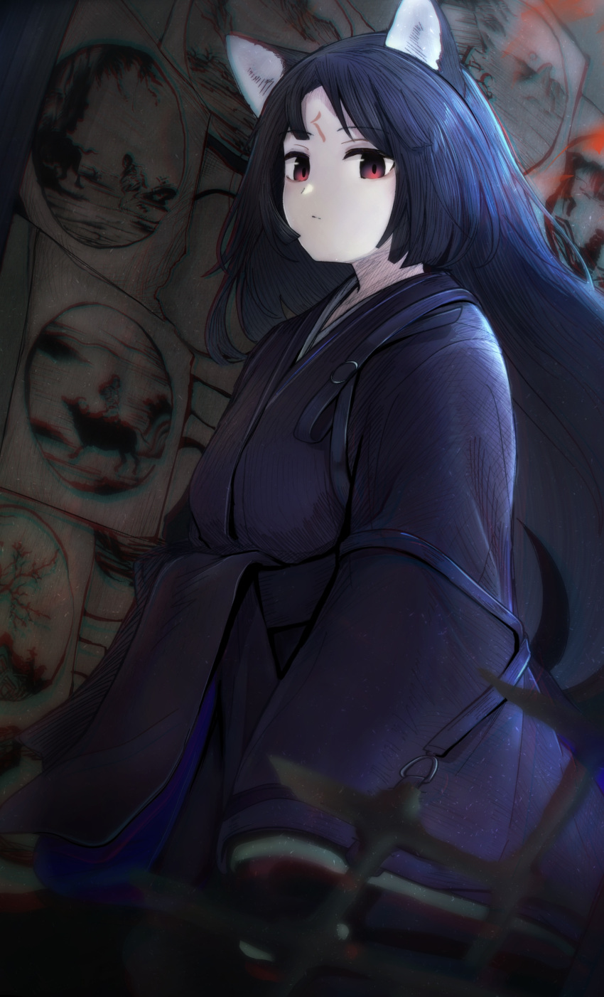 1girl absurdres animal_ears arknights black_hair breasts commentary_request dog_ears expressionless eyebrows_visible_through_hair facial_mark forehead_mark highres japanese_clothes kimono long_hair looking_at_viewer obi photo_(object) purple_kimono purple_sash red_eyes saga_(arknights) sasahara_(shou_goi) sash small_breasts solo upper_body
