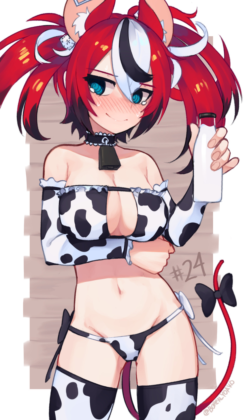 1girl @_@ animal_ear_fluff animal_ears animal_print arm_under_breasts bangs bare_shoulders bell bikini black_bow black_hair blue_eyes blush bottle bow breasts choker closed_mouth collarbone contrapposto cow_print cowbell cowboy_shot detached_sleeves dice_hair_ornament embarrassed eyebrows_visible_through_hair groin hair_between_eyes hair_ornament hakos_baelz highres holding holding_bottle hololive hololive_english large_breasts looking_at_viewer milk milk_bottle mouse_ears mouse_girl mouse_tail multicolored_hair navel neck_bell print_bikini print_legwear redhead smile solo streaked_hair sweatdrop swimsuit tail tail_bow tail_ornament tearing_up thigh-highs twintails twitter_username virtual_youtuber white_hair yoako