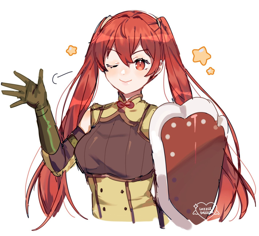 1girl ;) armor artist_name bangs closed_mouth commentary commission detached_sleeves english_commentary eyebrows_visible_through_hair fire_emblem fire_emblem_awakening gloves green_gloves hair_between_eyes highres long_hair long_sleeves looking_at_viewer one_eye_closed pomme_(lazzledazzle) red_eyes redhead severa_(fire_emblem) shoulder_armor simple_background sleeveless smile solo star_(symbol) twintails upper_body very_long_hair waving white_background