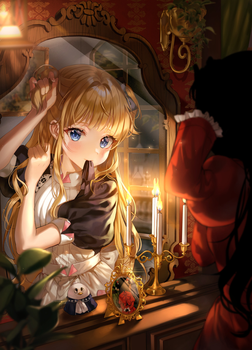 2girls absurdres aina_156cm apron bangs blonde_hair blue_eyes blurry blurry_background blurry_foreground candle candlestand commentary_request depth_of_field dress emilico_(shadows_house) eyebrows_visible_through_hair frilled_sleeves frills highres indoors kate_(shadows_house) long_hair long_sleeves maid mirror mouth_hold multiple_girls nipples puffy_short_sleeves puffy_sleeves red_dress ribbon ribbon_in_mouth shadows_house short_sleeves two_side_up tying_hair window
