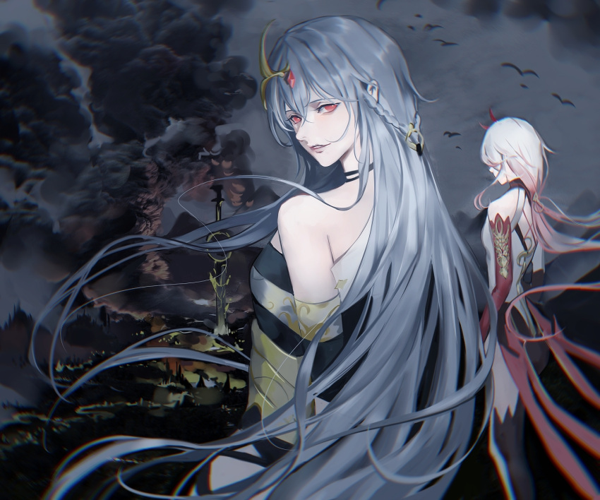 2girls bangs brown_gloves china_dress chinese_clothes clouds cloudy_sky dress dual_persona elbow_gloves fu_hua fu_hua_(herrscher_of_sentience) fu_hua_(phoenix) gloves grey_hair grey_sky grin hair_between_eyes hair_ornament hana967531 highres honkai_(series) honkai_impact_3rd lips long_hair looking_at_viewer looking_back mountainous_horizon multiple_girls outdoors painting ponytail red_eyes red_gloves redhead sky sleeveless sleeveless_dress smile smoke teeth white_dress white_hair