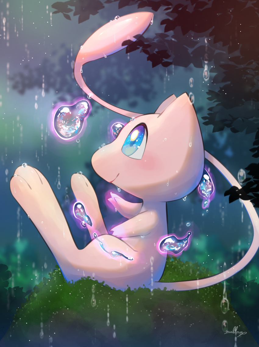 absurdres blue_eyes blurry blush closed_mouth commentary from_side highres looking_up mew no_humans nullma pokemon pokemon_(creature) rain signature sitting smile solo toes water_drop