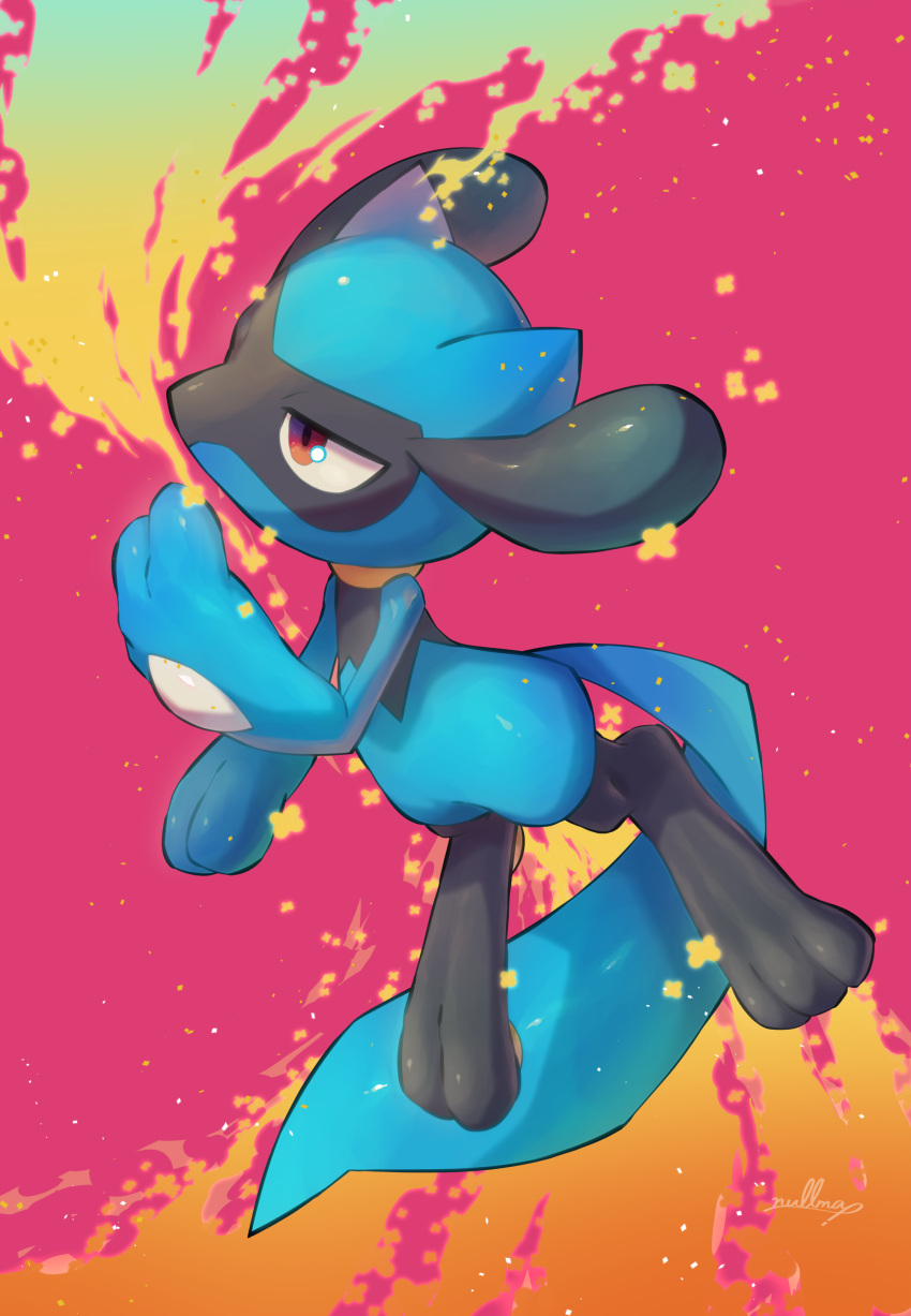 absurdres brown_eyes commentary creature full_body highres no_humans nullma pink_background pokemon pokemon_(creature) riolu shiny signature solo toes