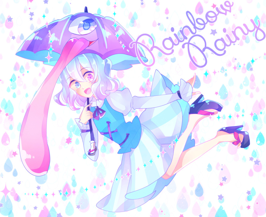 1girl :d bangs blue_eyes blue_hair blue_skirt blue_vest commentary_request cross-laced_clothes english_text eyebrows_visible_through_hair frilled_shirt_collar frilled_sleeves frills full_body hair_between_eyes heterochromia high_heels holding holding_umbrella juliet_sleeves karakasa_obake long_sleeves looking_at_viewer mobilis_1870 one-hour_drawing_challenge one_eye_closed outdoors puffy_sleeves purple_umbrella rainbow red_eyes sandals short_hair simple_background skirt smile solo tatara_kogasa tongue touhou umbrella vest white_background