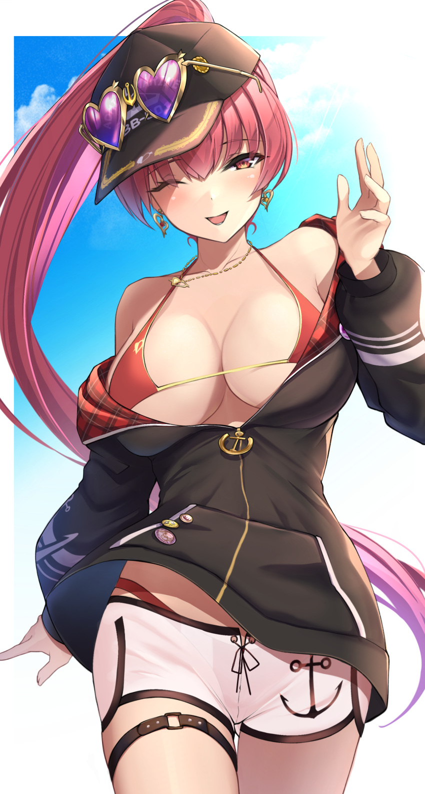 1girl ;d absurdres anchor badge bikini black_headwear black_jacket breasts button_badge cowboy_shot dolphin_shorts earrings eyewear_on_headwear floating_hair gold_trim hand_up hat heart heart-shaped_eyewear heart_earrings heart_necklace highres hololive houshou_marine jacket jewelry long_hair looking_at_viewer medium_breasts off_shoulder official_alternate_costume one_eye_closed open_mouth oserotto pink-tinted_eyewear plaid ponytail red_bikini red_eyes redhead shorts smile solo strap_gap sunglasses swimsuit thigh_strap tinted_eyewear very_long_hair white_shorts zipper