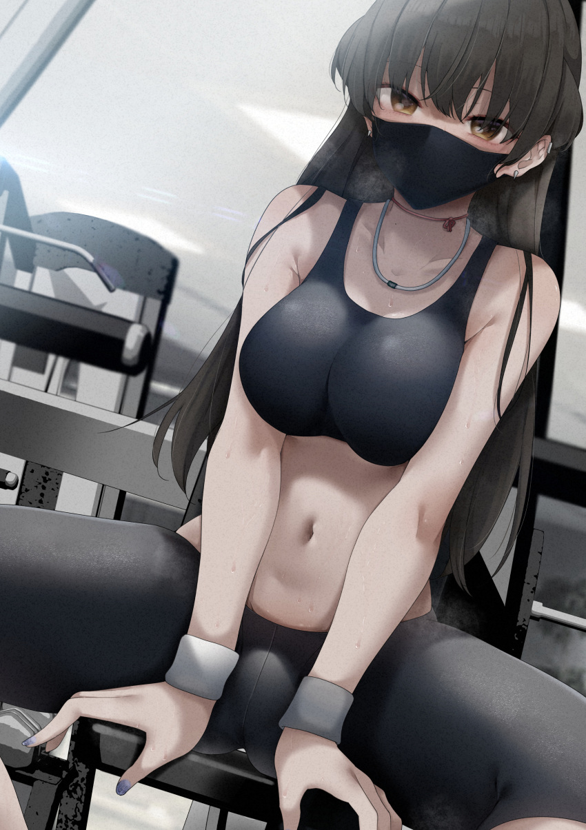 1girl absurdres arms_between_legs bare_shoulders black_hair black_legwear bra breast_press breast_squeeze breasts covered_mouth crop_top ear_piercing earrings gym highres jewelry large_breasts leggings looking_at_viewer mask mouth_mask nail_polish navel necklace original piercing ryouma_(galley) sitting solo sports_bra sportswear spread_legs thighs underwear wristband yellow_eyes