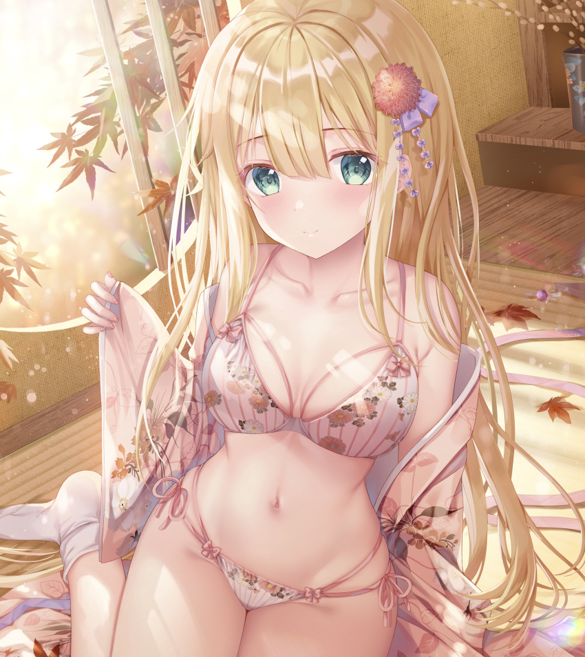 1girl absurdres bangs blonde_hair bra breasts collarbone commentary_request green_eyes hair_between_eyes hair_ornament highres inagaki_minami indoors japanese_clothes kimono leaf long_hair looking_at_viewer navel open_clothes open_kimono print_bra print_kimono simple_background sitting small_breasts smile solo sousouman sunlight tattoo twinbox_school underwear white_background white_bra white_legwear wide_sleeves window
